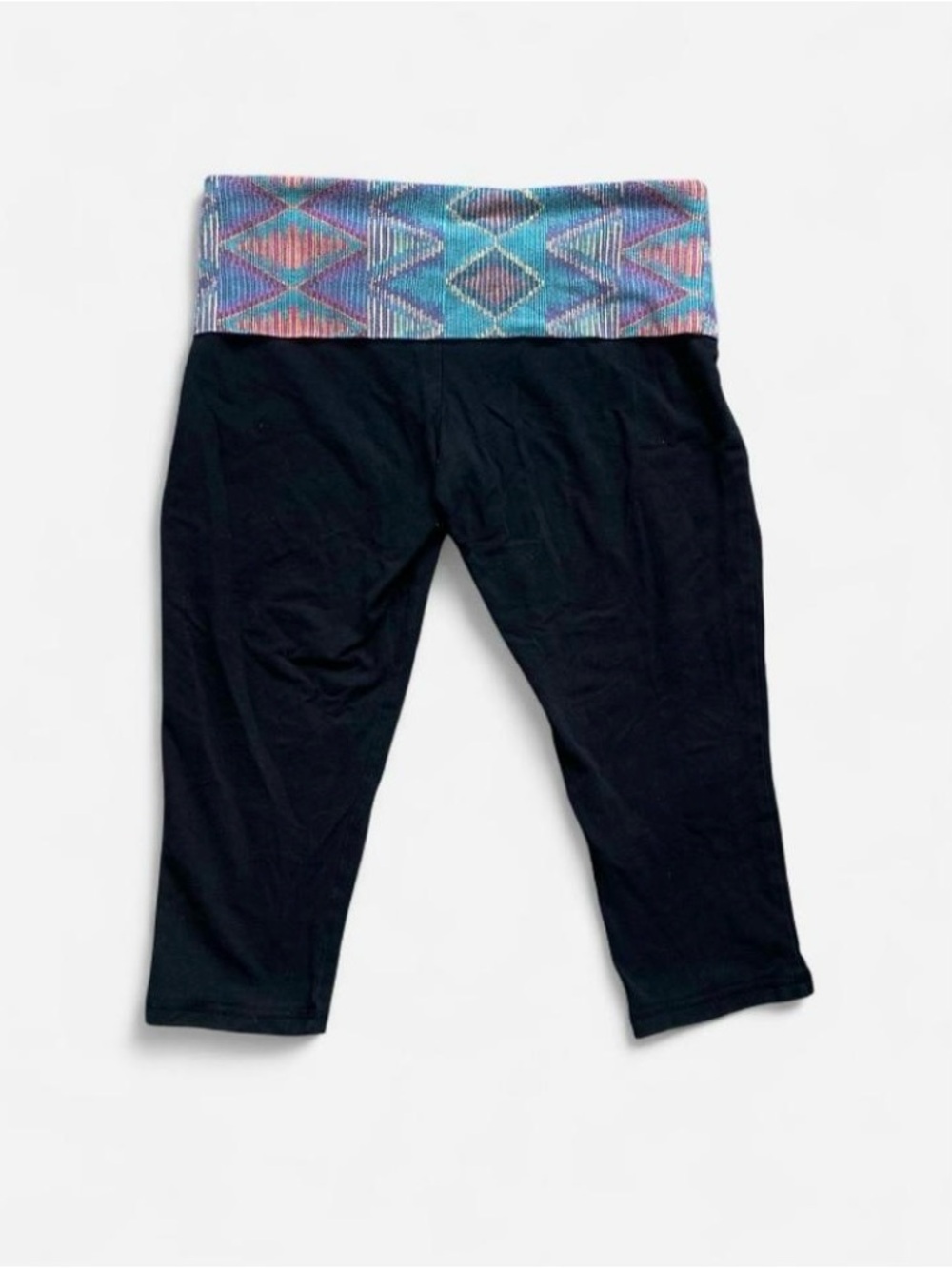 Y2k Mossimo Black Capri Foldover Leggings with Multi-Color Geometric Pattern